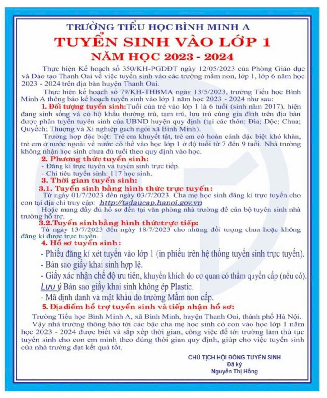 Thông báo tuyển sinh năm học 2023 - 2024